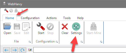 WebHarvy toolbar with home and settings options.