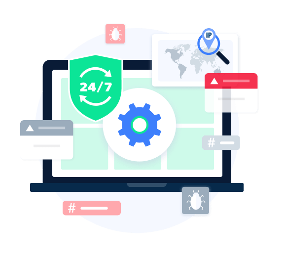 Laptop screen showing cybersecurity icons and settings gear.