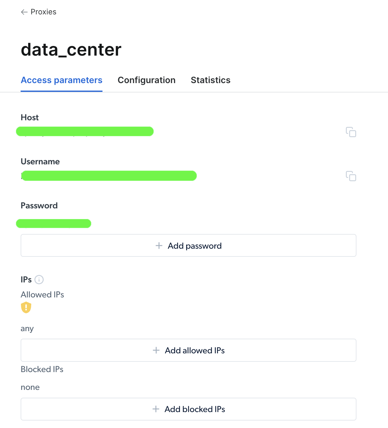 Datacenter-Zugriffsparameter-Bildschirm für die Proxy-Konfiguration.