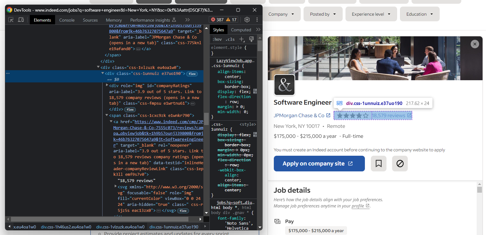 Extracting company's user ratings and number of reviews on Indeed