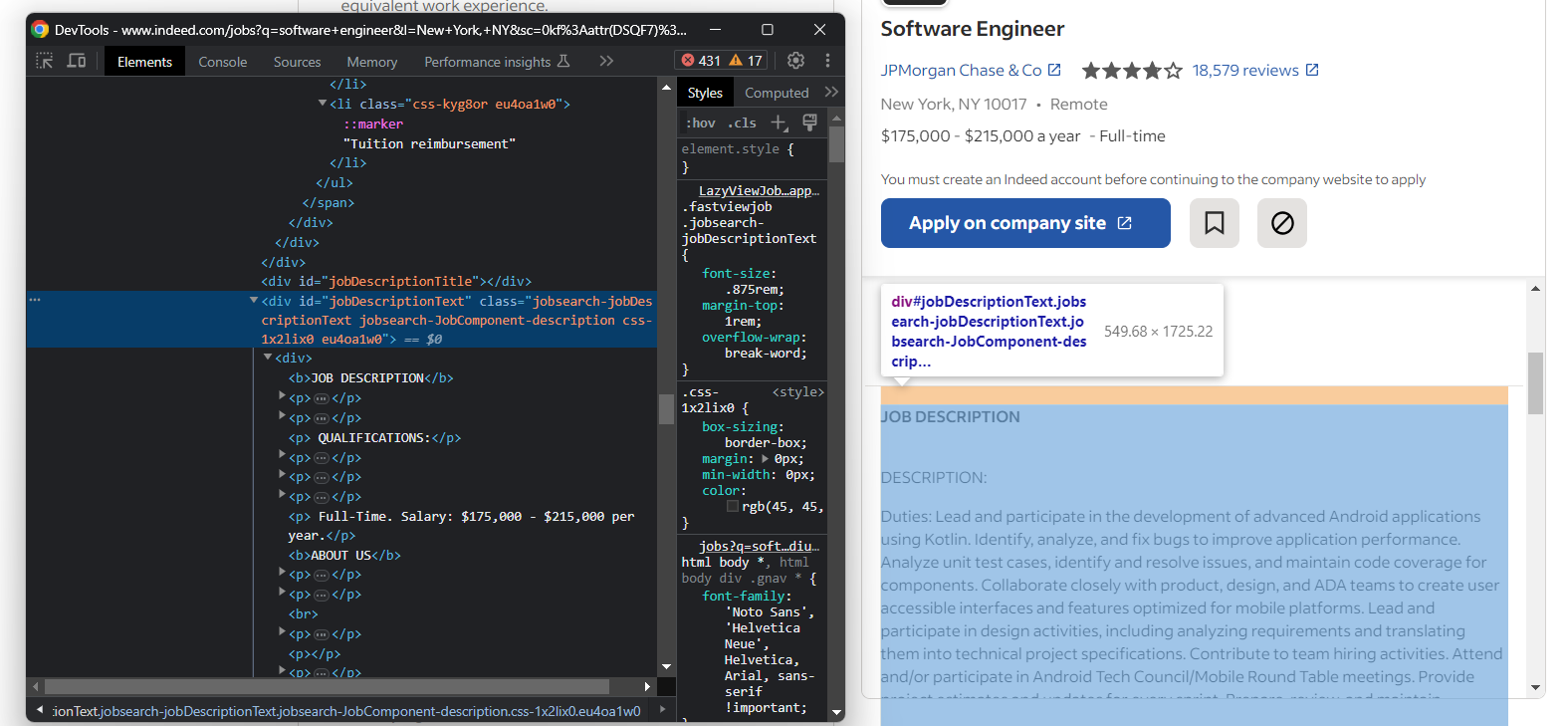 Raw job description section on Indeed