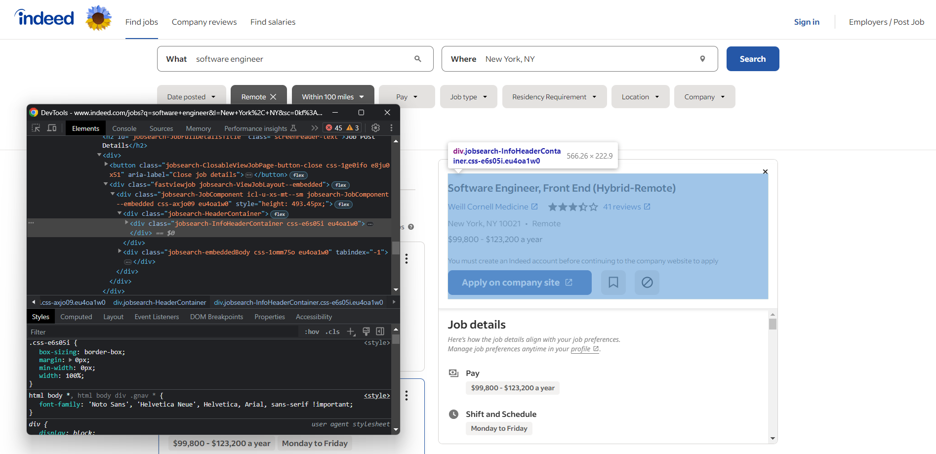 Screenshot Using 'Inspect' in the browser on the Indeed job search page