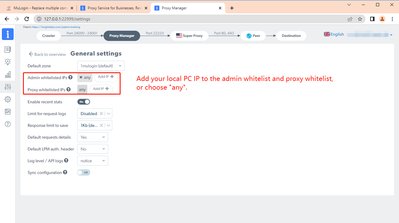 Proxy-Manager-Einstellungen: Konfiguration der IPs auf der Whitelist für Administratoren und Proxys.