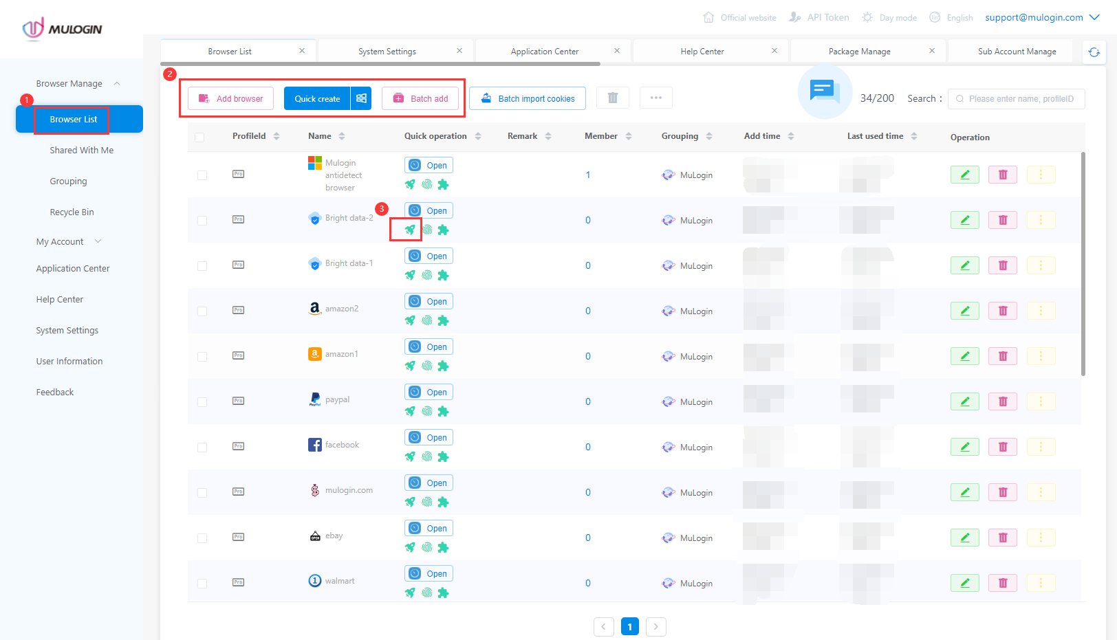 Mulogin-Browserverwaltungsoberfläche mit verschiedenen Browserprofilen.