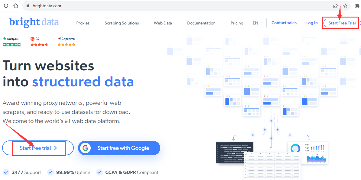 Website-Homepage mit Hervorhebung strukturierter Datendienste.