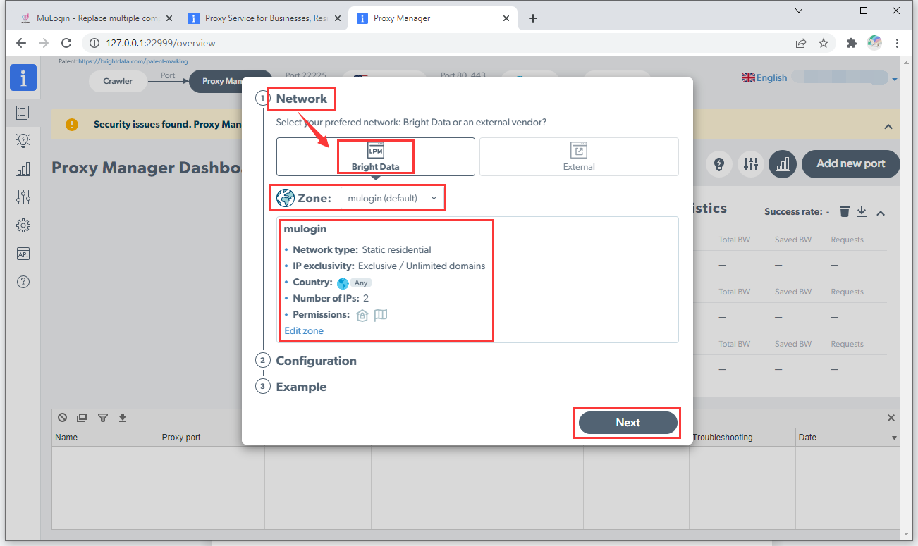 Proxy-Manager-Setup-Bildschirm mit Netzwerk- und Zonenkonfiguration.