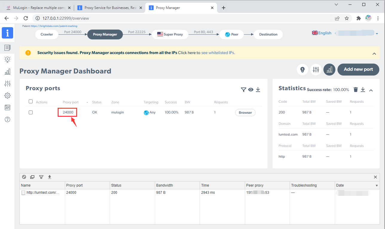 Das Proxy-Manager-Dashboard zeigt den Status und die Details von Port 24000 an.