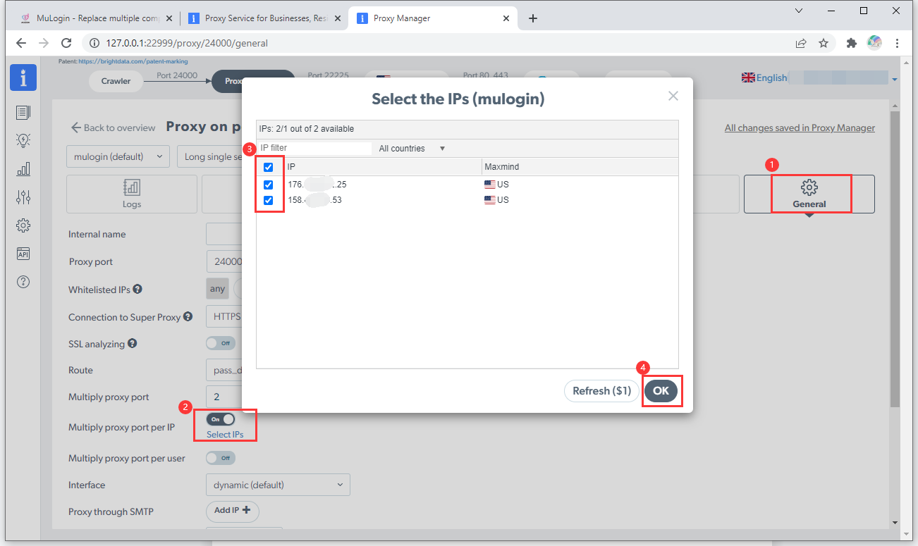 Proxy-Einstellungsoberfläche mit geöffnetem IP-Auswahlfenster.