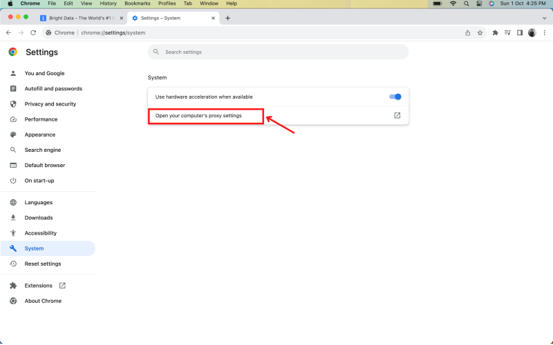 In den Chrome-Einstellungen ist die Option „Proxy-Einstellungen“ hervorgehoben.