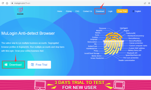 Homepage der MuLogin Anti-Detect-Browser-Website mit Download-Optionen.