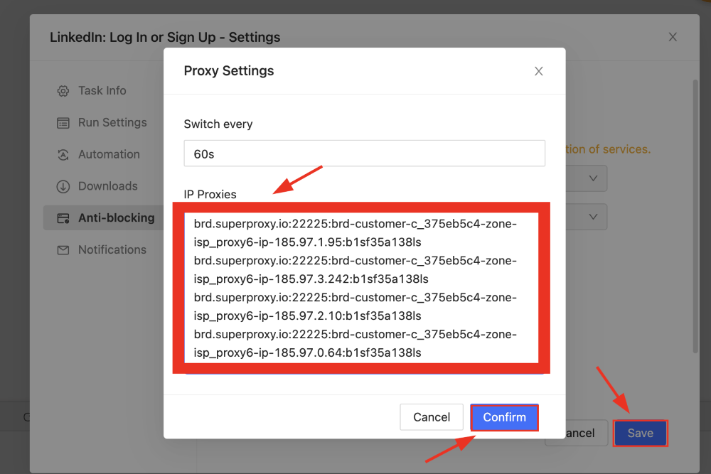 Proxy settings dialog with multiple IP addresses displayed.