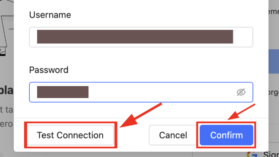 Username and password login fields with test connection.