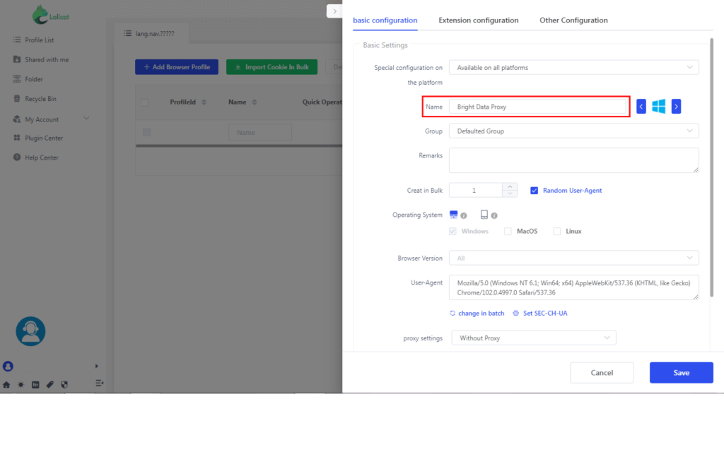 Configuration interface for proxy settings in a browser extension.