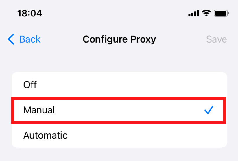 Bildschirm „Proxy-Einstellungen“ mit ausgewählter Option „Manuell“.