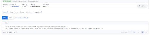 Screenshot of a data table showing JSON data output.