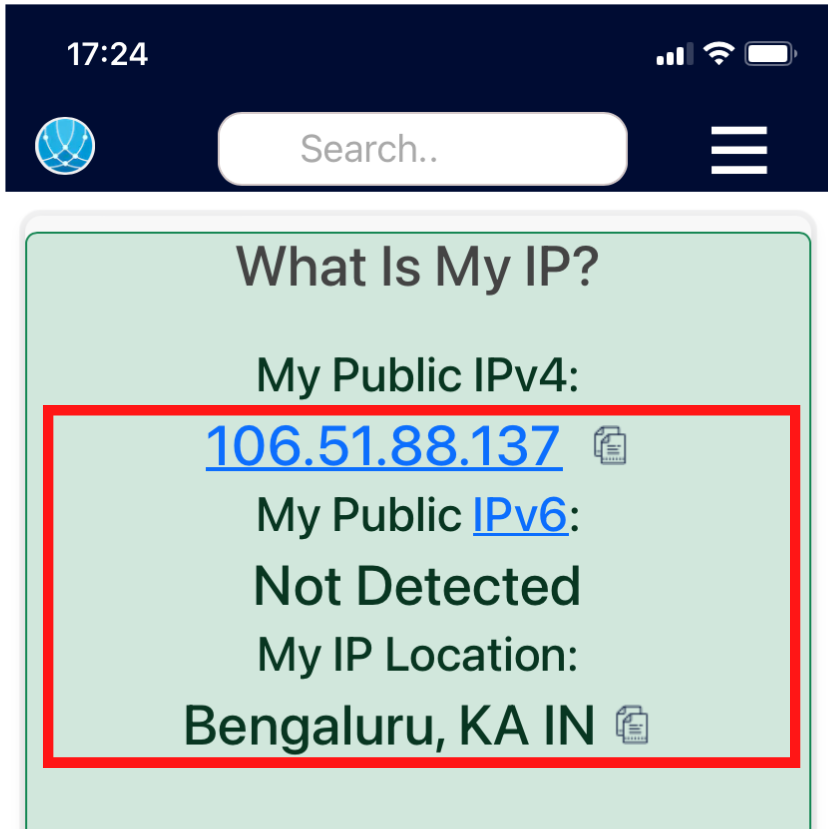 IP-Details mit Angabe von IPv4 und Standort auf der Website