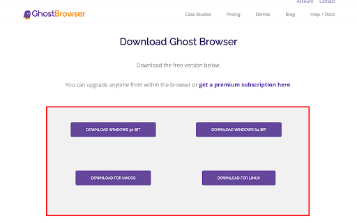 Download options for Ghost Browser on various operating systems.