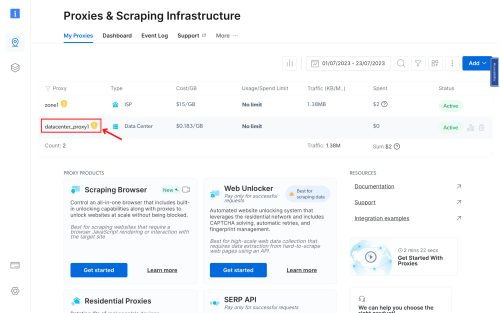 Proxies and Scraping dashboard with various proxy options listed.