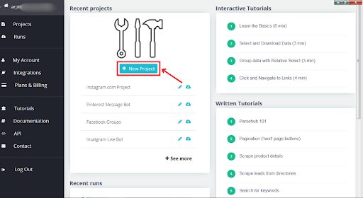 Dashboard mit Projekterstellungs- und Tutorial-Bildschirm.