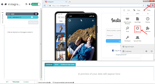 Instagram-Webseite mit Telefonbildschirm-Simulationstool.
