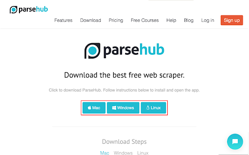 ParseHub-Downloadoptionen: Mac, Windows, Linux.