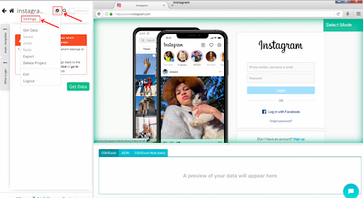 Instagram-Webseite mit geöffnetem Einstellungsmenü.