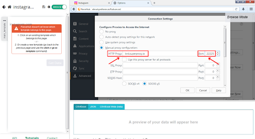 Proxy-Konfigurationseinstellungen in einem Screenshot eines Browserfensters.