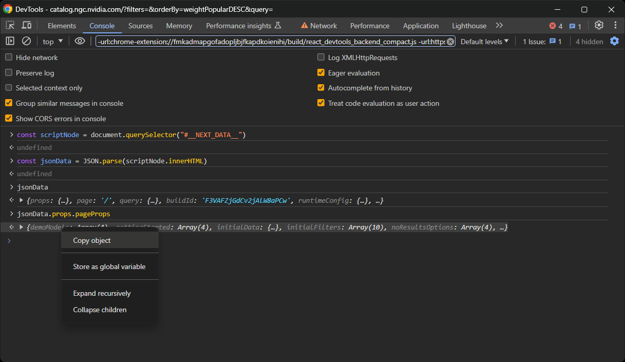 Copying the object from the console tab