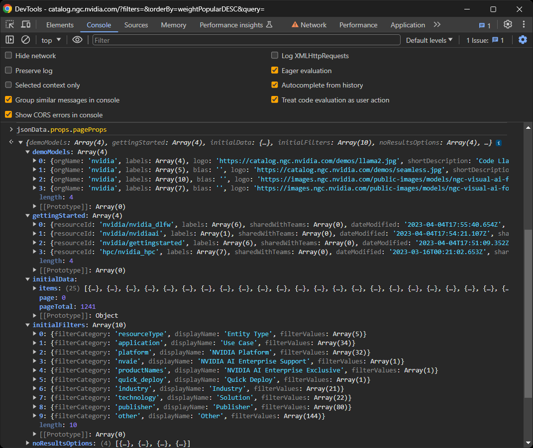 The pageprops field in the console