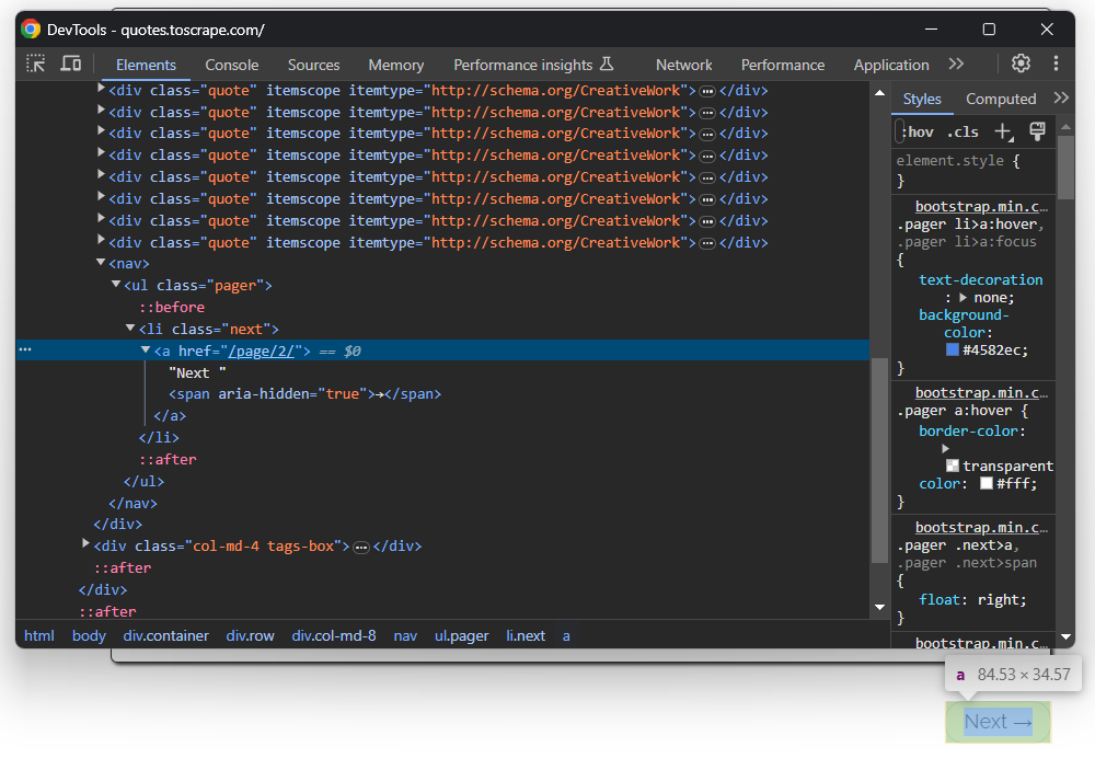 "Next" text inside an <a href> tag