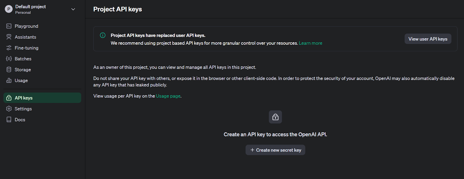 Zugriff auf API-Schlüssel in den OpenAI-Einstellungen