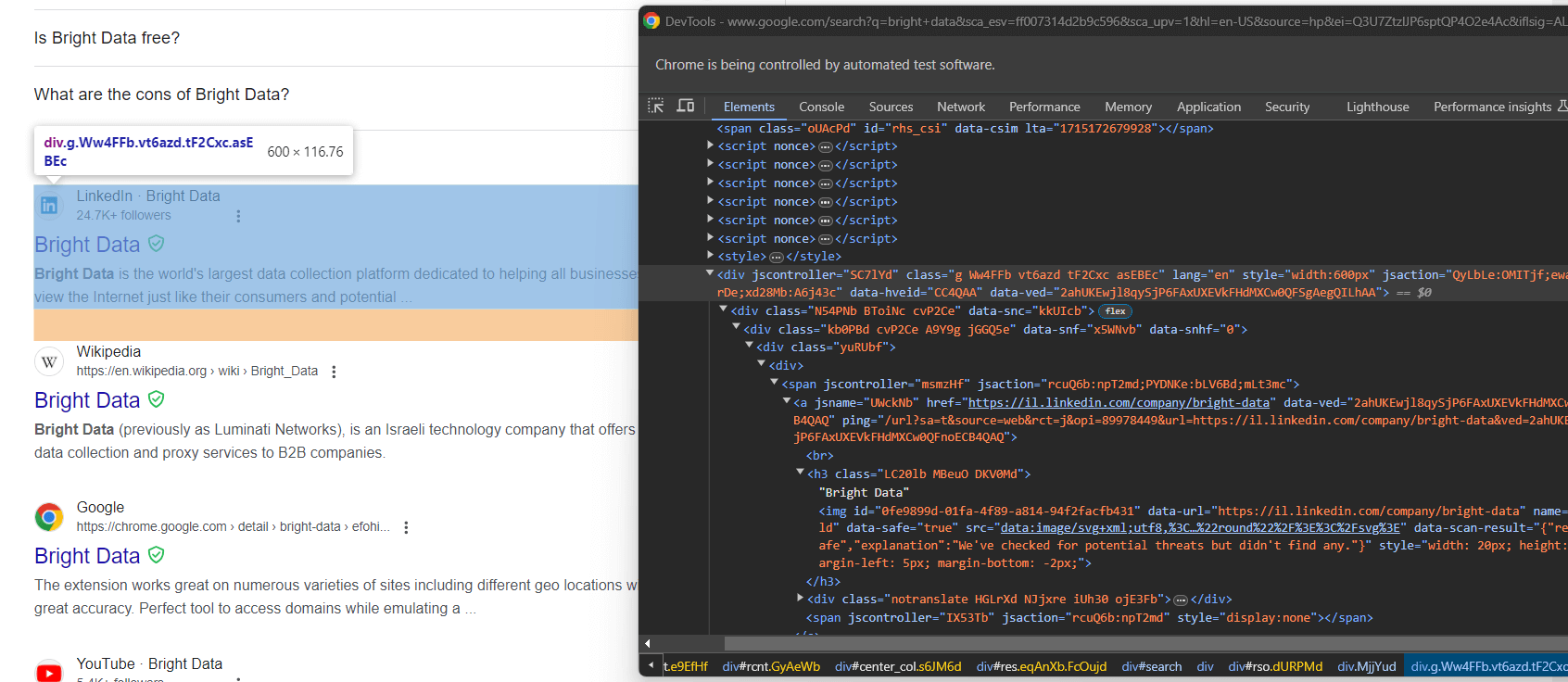 Inspecting Google's search elements