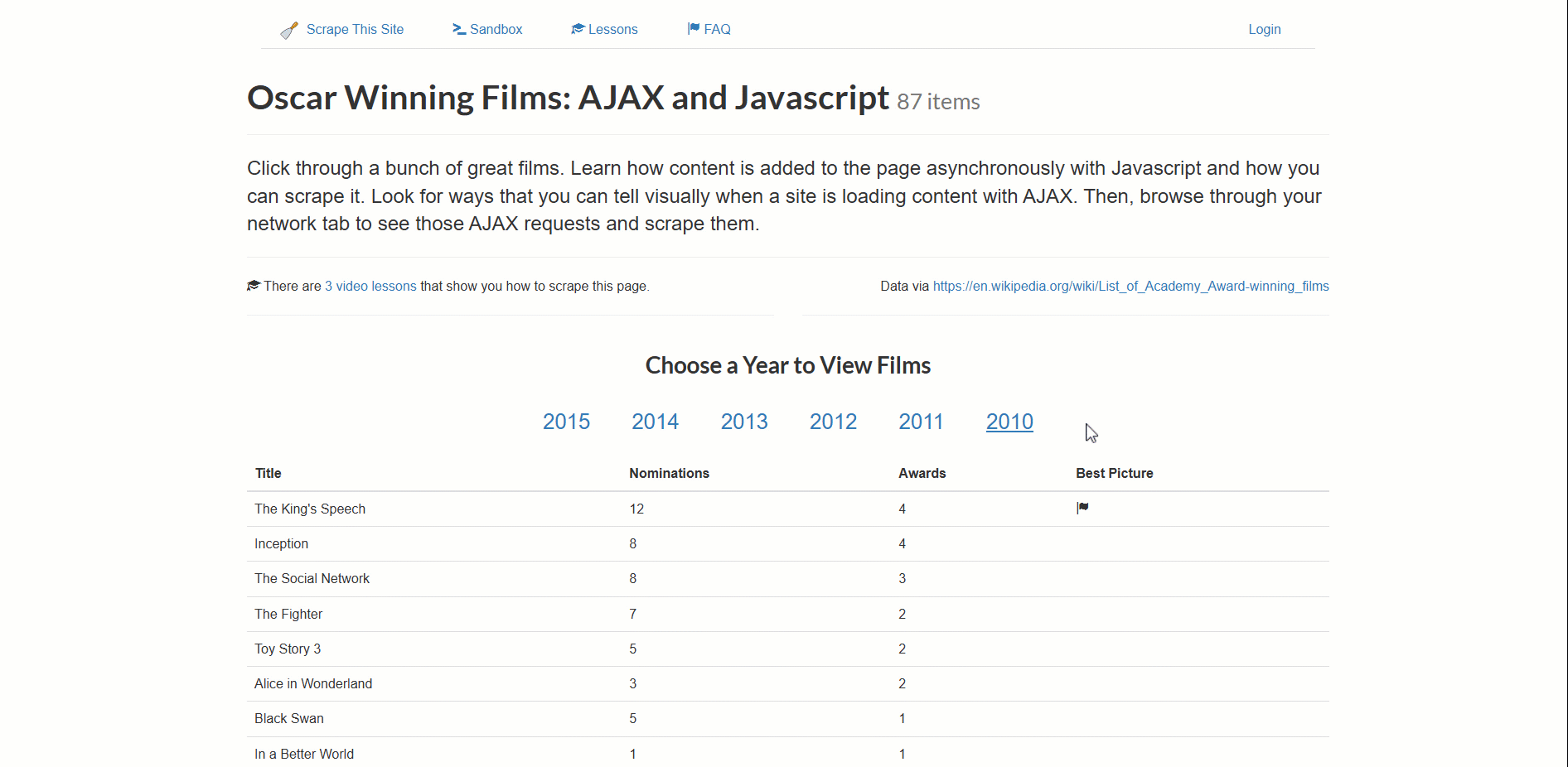 The target page. Note how pagination data is loaded dynamically