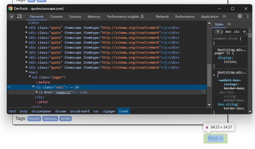 Inspecting the "next" button of the pagination