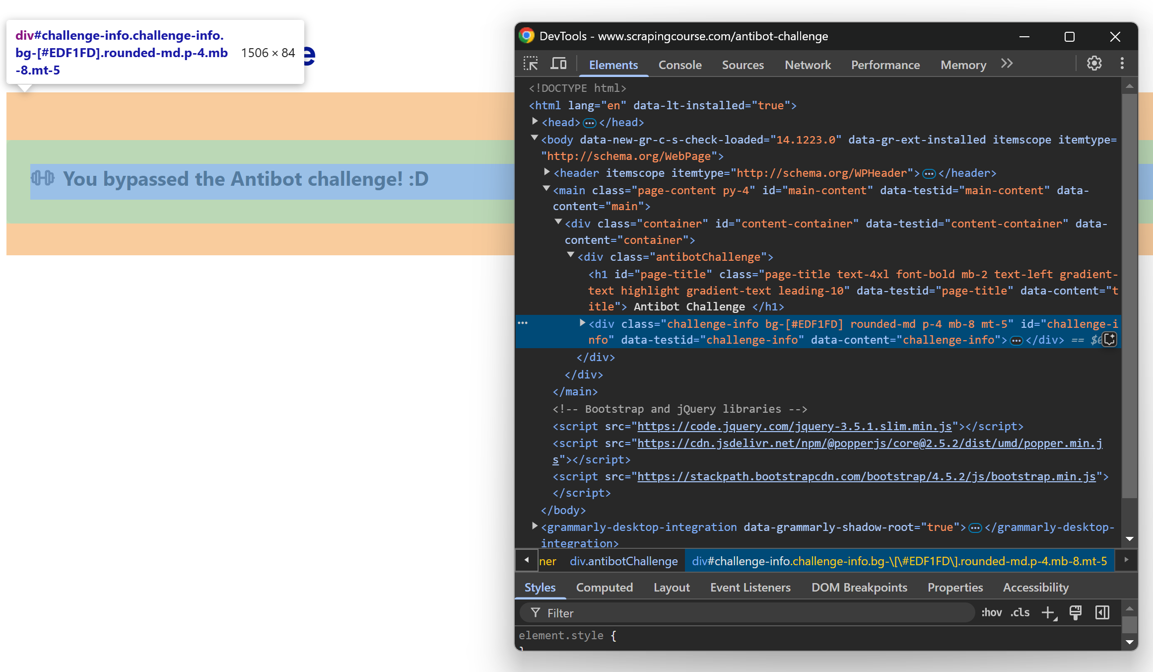 The DevTools window on the message element