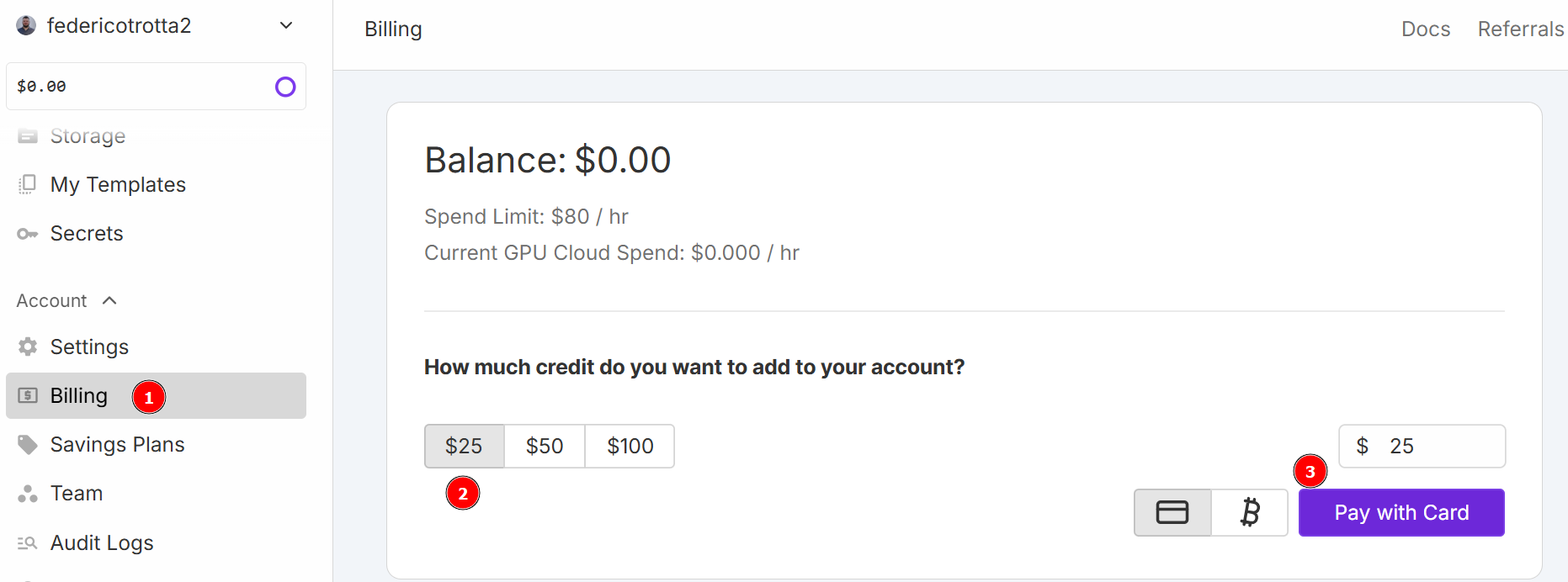 The billing section in RunPod