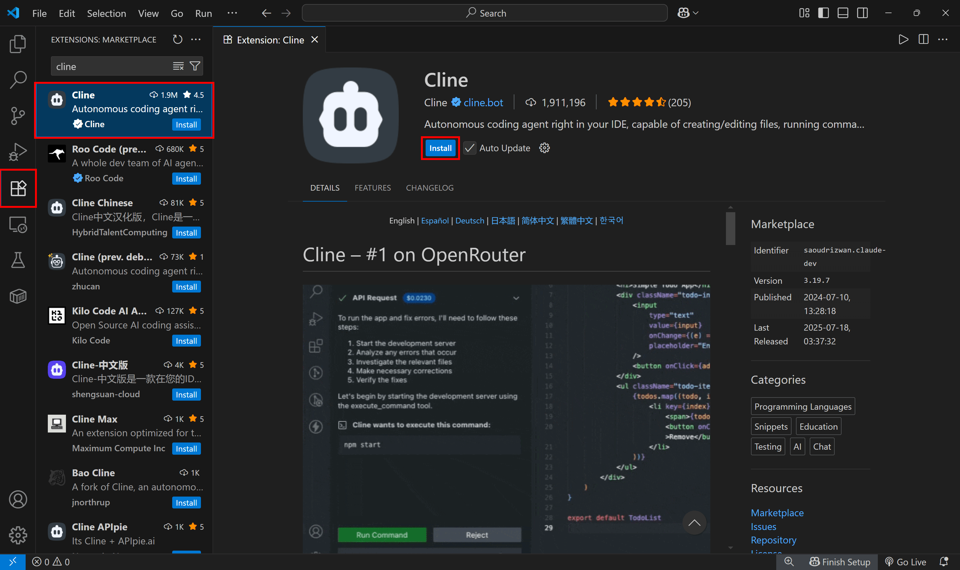 Klicken Sie auf die Schaltfläche "Installieren", um Cline in VS Code zu installieren.
