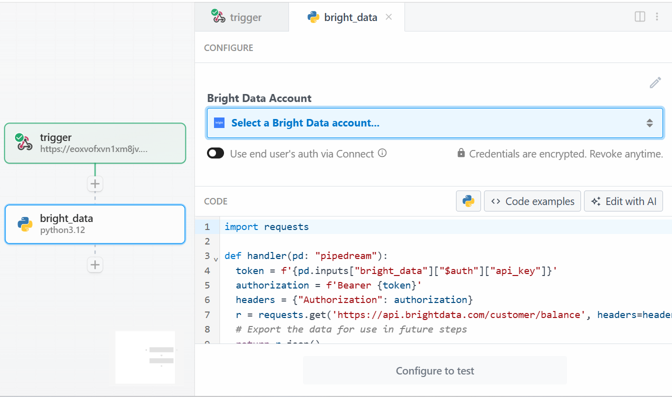 Die Aktion "Jede Bright Data API in Python verwenden" in Pipedream