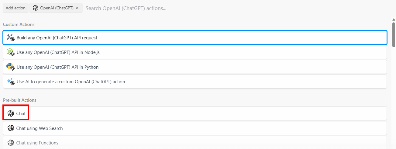 Auswählen der Chat-Option von OpenAI