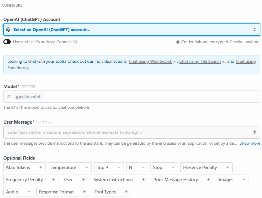 OpenAIs Konfiguration der Chatoptionen