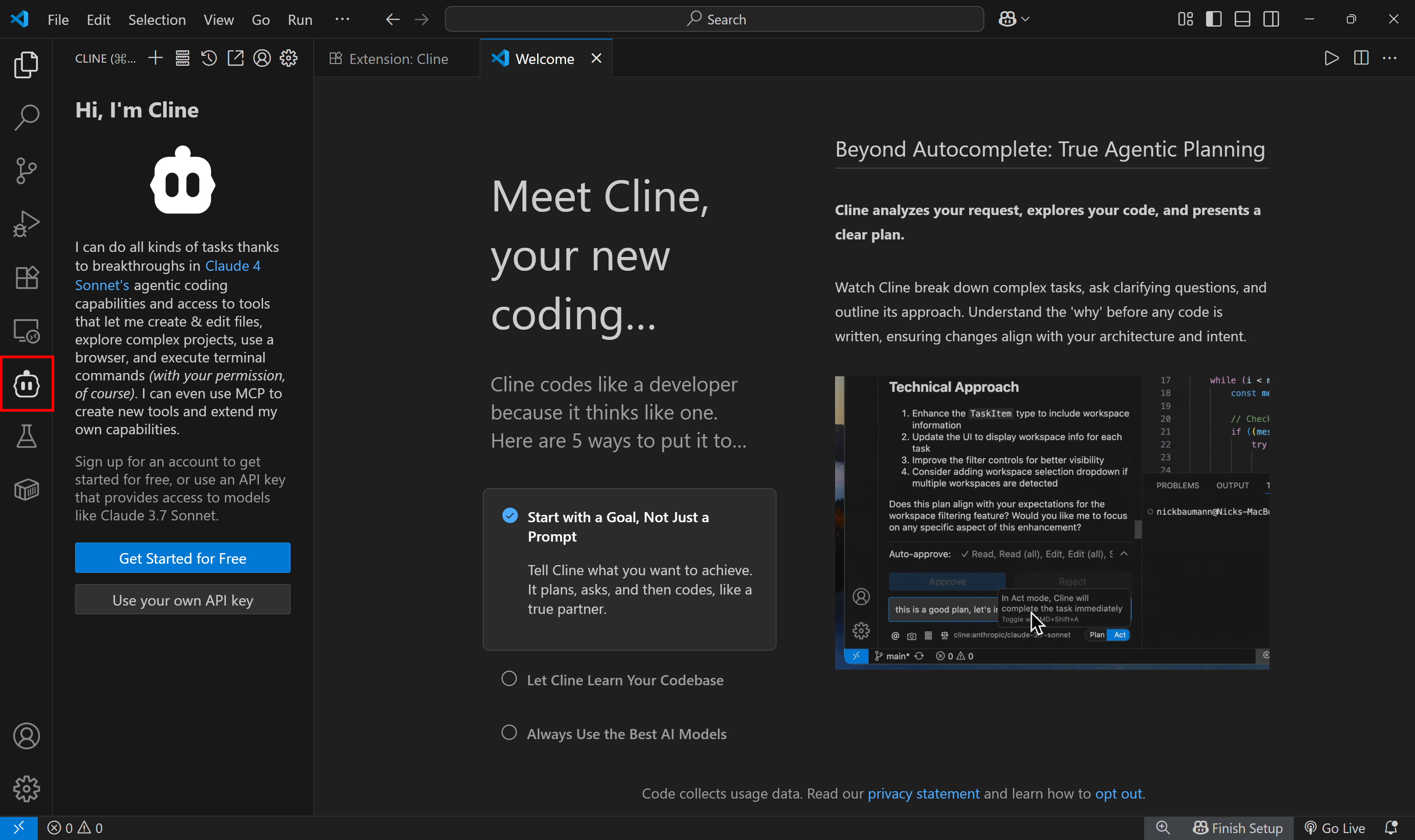 Cline aktiviert in VS Code