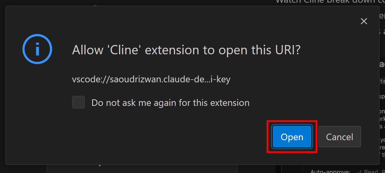 Klicken Sie auf "Öffnen", um die Cline-Erweiterung zu authentifizieren