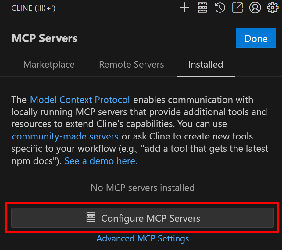 Klicken Sie auf die Schaltfläche "MCP-Server konfigurieren".