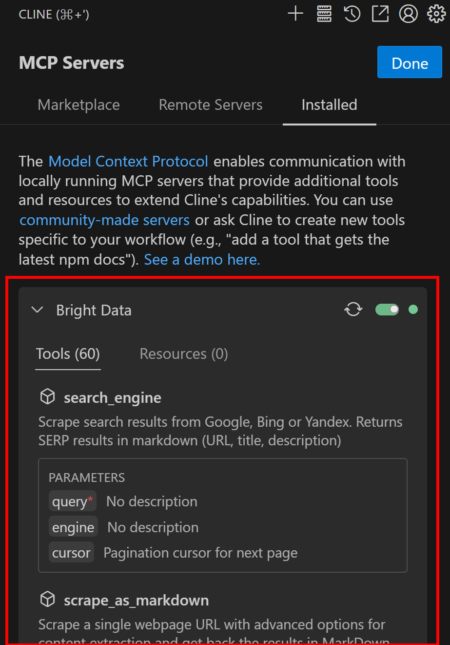Der Bright Data Web MCP-Server ist verbunden