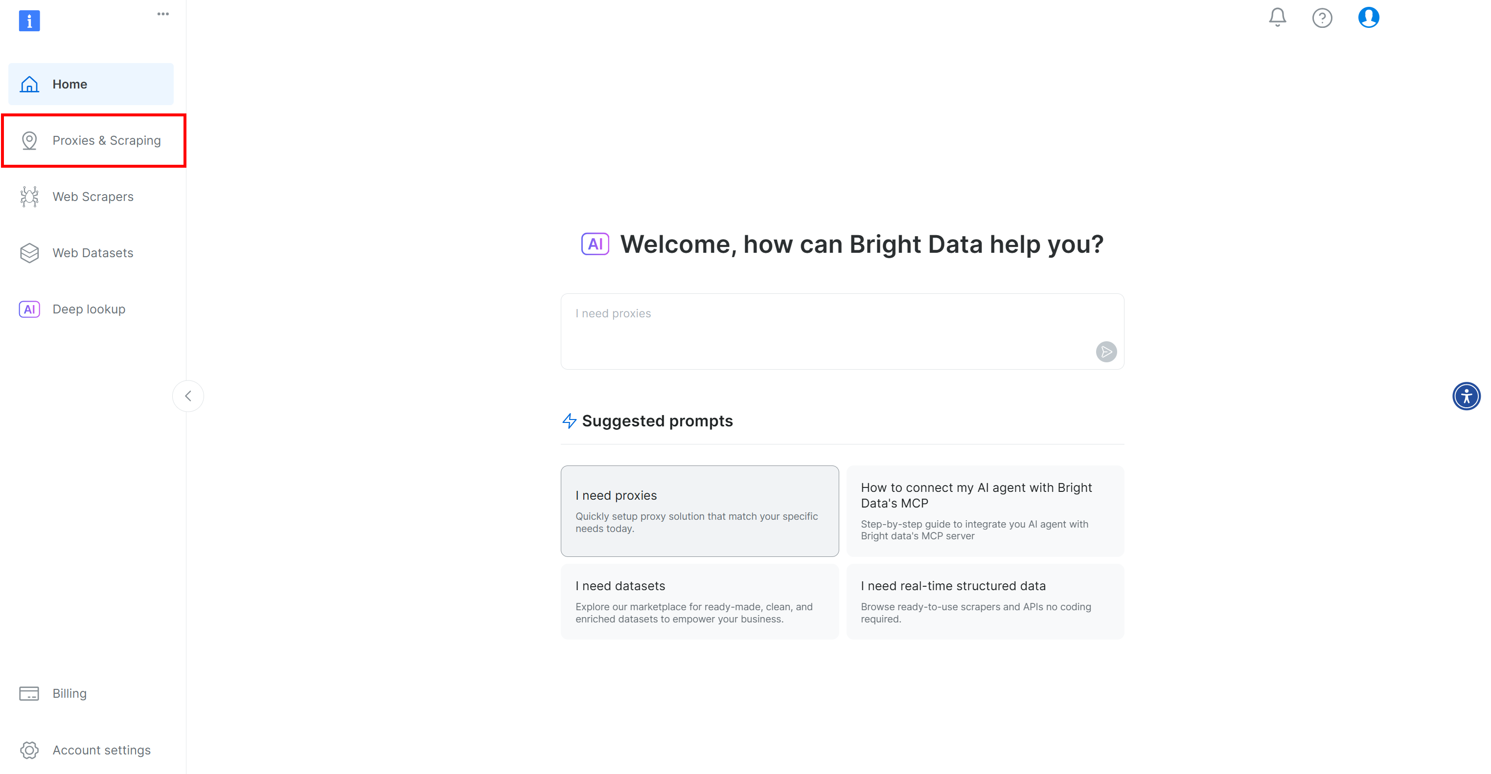 Klicken Sie auf die Schaltfläche "Proxies & Scraping" im Bright Data Dashboard