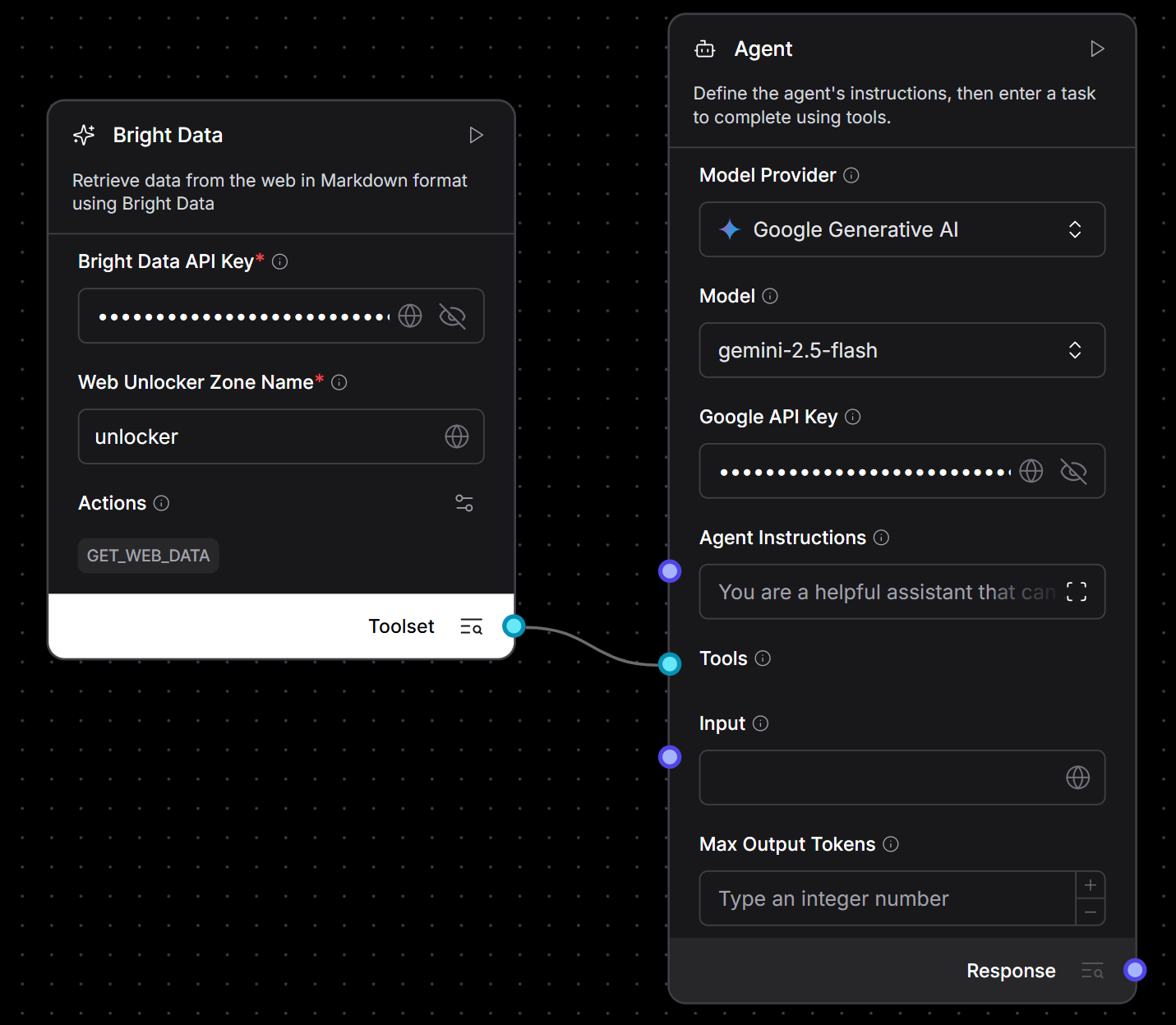 Verbinden der Komponente Bright Data mit der Komponente Agent