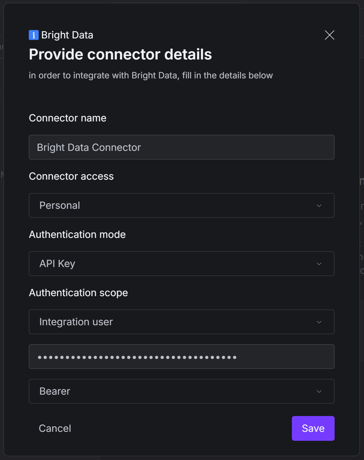 Ausfüllen des Konfigurationsformulars für den Bright Data Connector