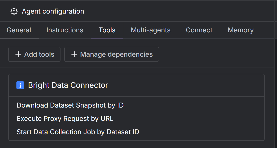 Beachten Sie die konfigurierten Bright Data-Tools