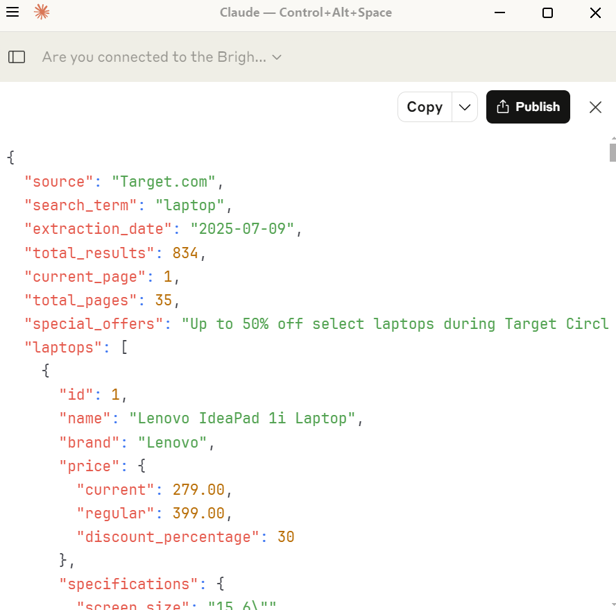 Screenshot der extrahierten Daten