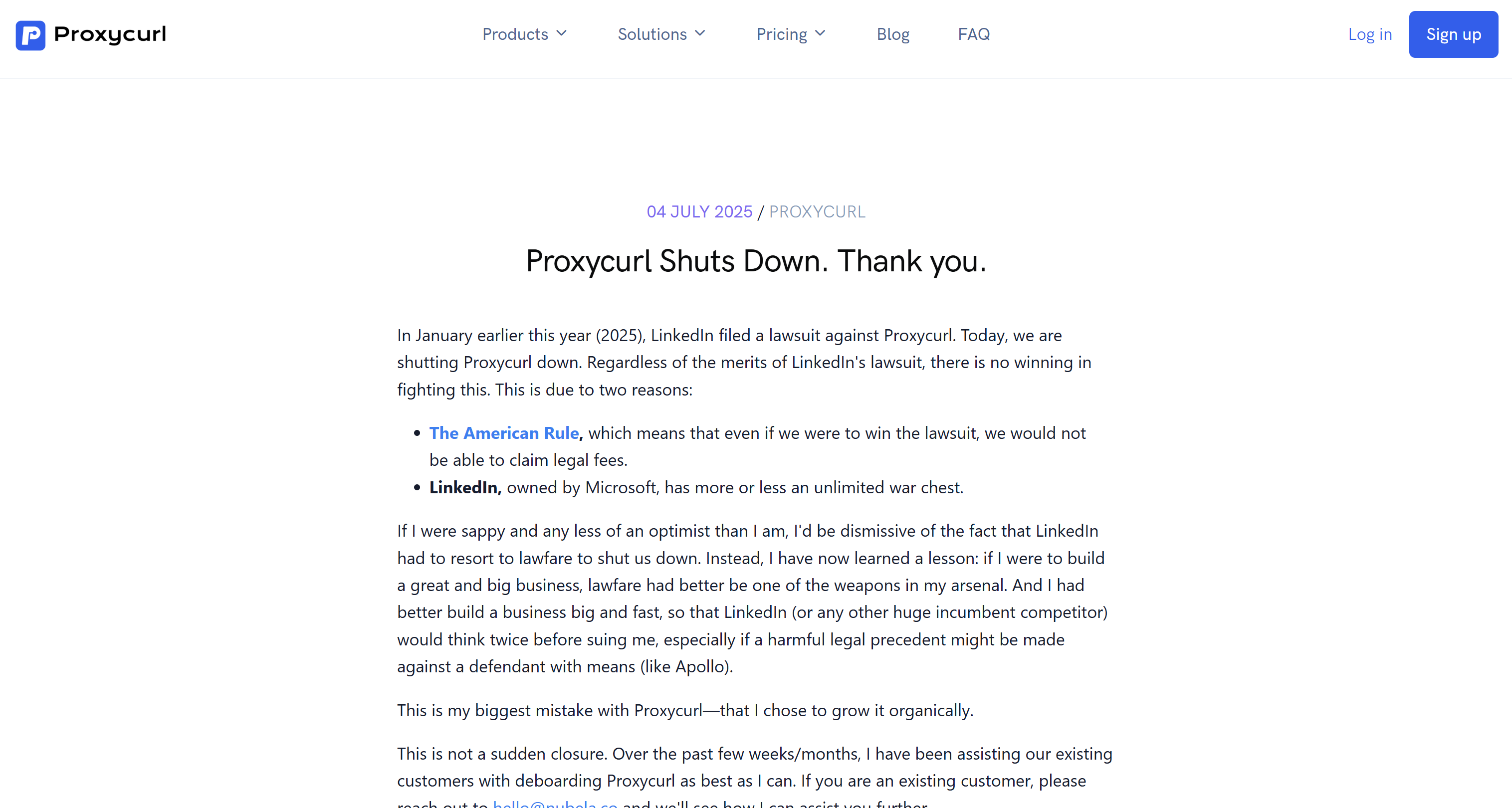 Die Ankündigung von Proxycurl, das Unternehmen stillzulegen